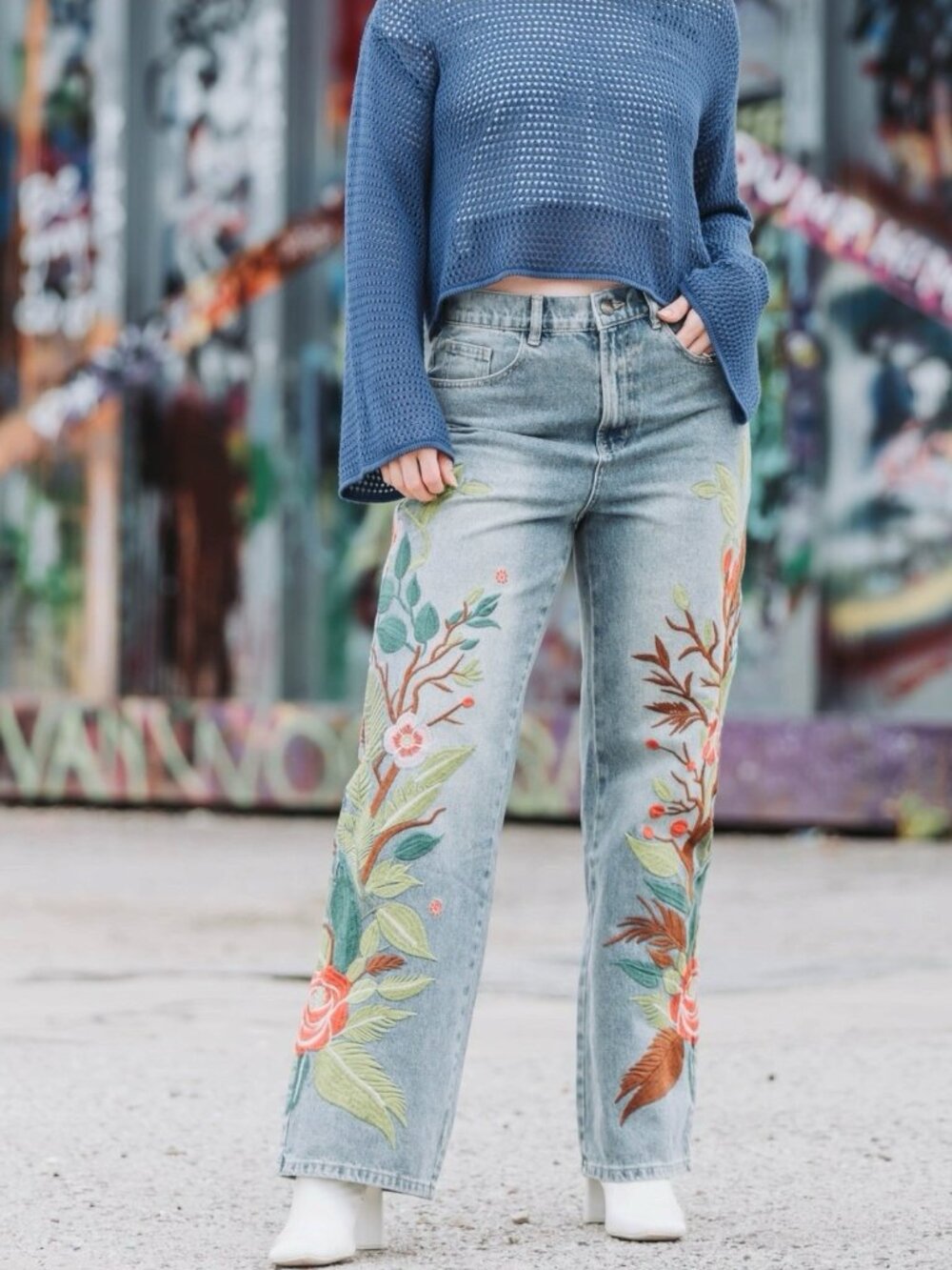 Unisex VeryRare Sakura Pants Jeans Size M L XL Blue Embroidered Cherry Blossom - Picture 12 of 17